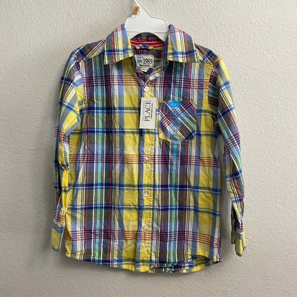 The Childrens Place Boy XS 4 Multicolor Plaid Gingham Button Down Shirts NWT 2pk